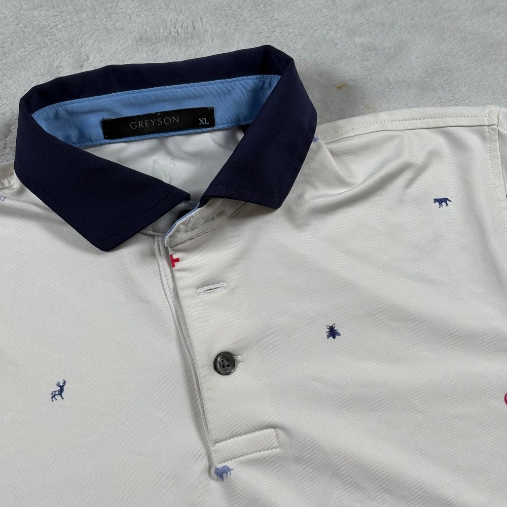 Greyson Kids XL Multi Icon Print Performance Golf Polo Shirt Cream Navy